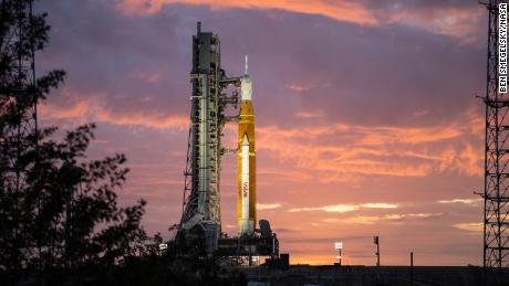 The stack of Artemis I rockets can be seen at sunrise on March 23 at the Kennedy Space Center in Florida. 