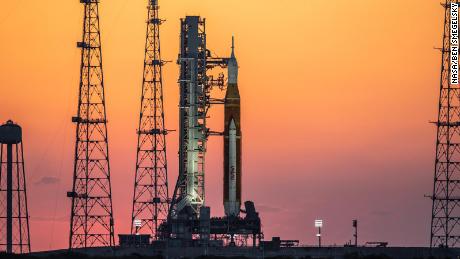 The stack of Artemis I rockets can be seen at sunrise on March 21 at the Kennedy Space Center in Florida. 